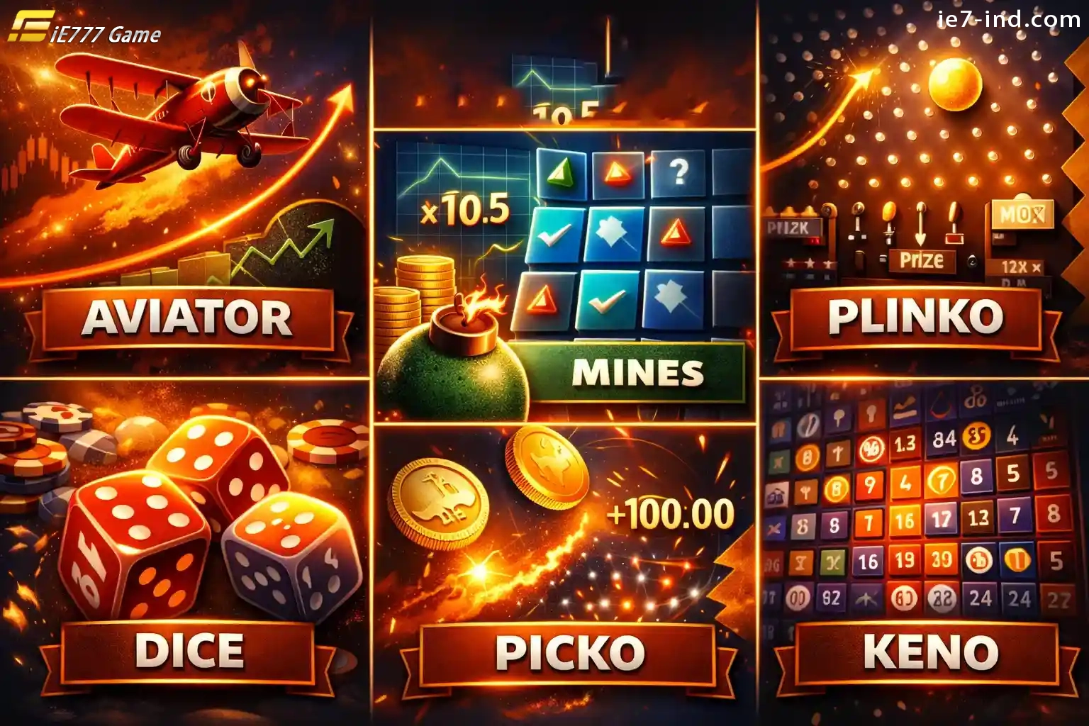 Aviator, Mines, Plinko, Dice and Keno instant games collage with chips and coins