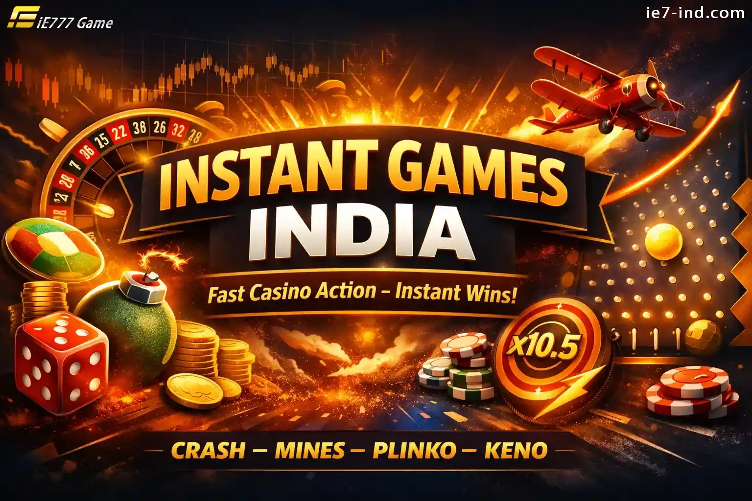 Instant casino games banner with crash plane, roulette wheel, coins and multipliers